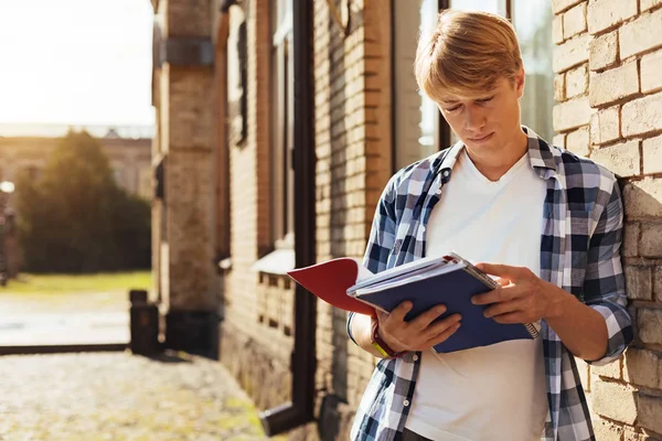 Soñador hombre productivo mirando a través de sus notas — Foto de Stock