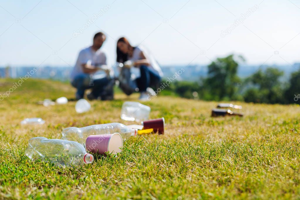 Dedicated intelligent citizens cleaning the lawn from plastic
