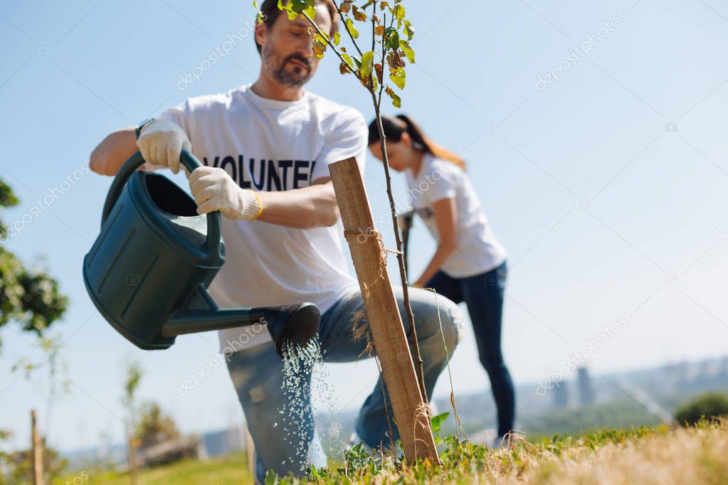 Motivated hardworking man restoring environmental balance