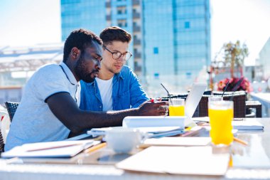 Erkek meslektaşları iş proje üzerinde birlikte çalışma