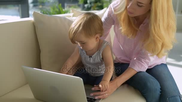 Curious girl using the laptop in the room — Stock Video