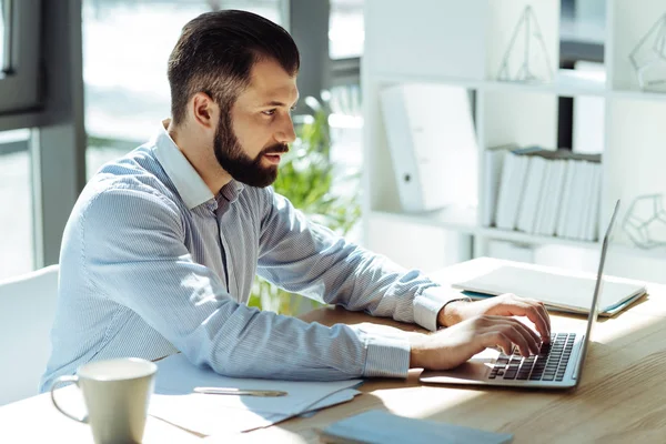 Молодий бородатий чоловік працює на ноутбуці в офісі — стокове фото