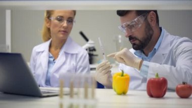 Erkek bilim adamları biber kimyasallar ile enjekte ederken meslektaşı ile danışmanlık