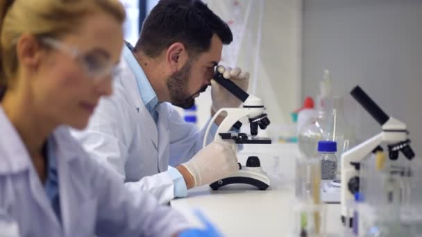 Mature scientist chatting with colleague while examining sample in laboratory — Stock Video