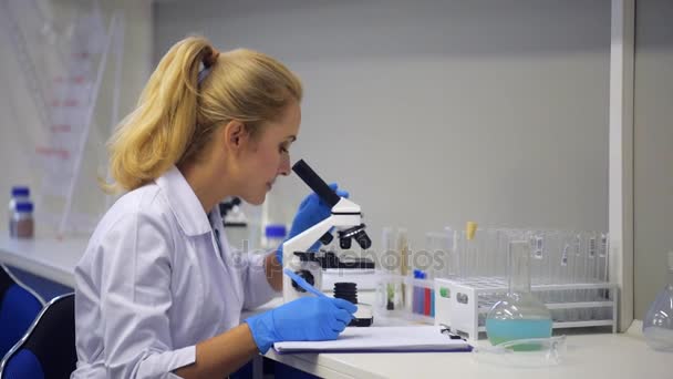 Profesional de la ciencia sonriendo para la cámara mientras mira a través del microscopio — Vídeo de stock