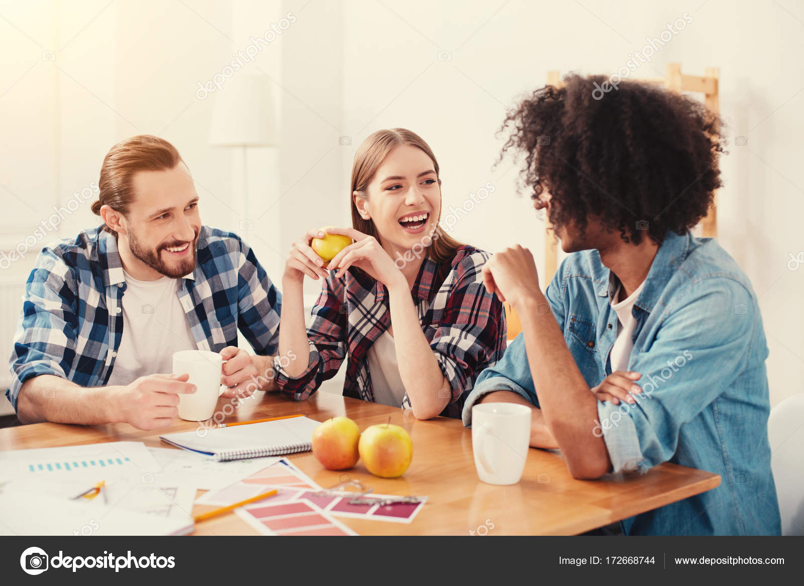 Three best friends sitting together and laughing Stock Photo by ...