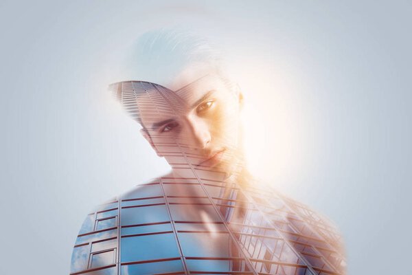 Confident musing guy waging perspectives