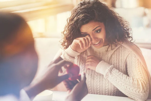 Nice emotional woman wiping off her tears — Stock Photo, Image