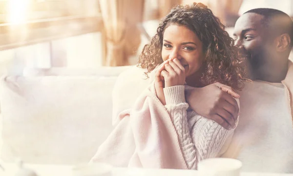 Positive happy couple sitting together in the cafe — Stock Photo, Image