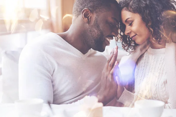 Delighted female keeping her eyes closed — Stock Photo, Image