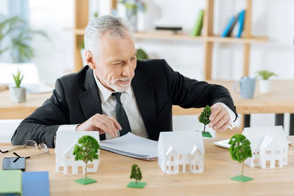 Trabajador positivo poniendo un árbol de juguete cerca de la miniatura de una casa —  Fotos de Stock