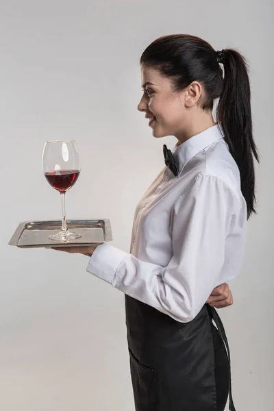 Happy professional  waitress carrying order — Stock Photo, Image