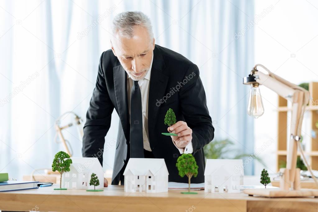 Calm real estate agent adding trees to his adorable miniature houses