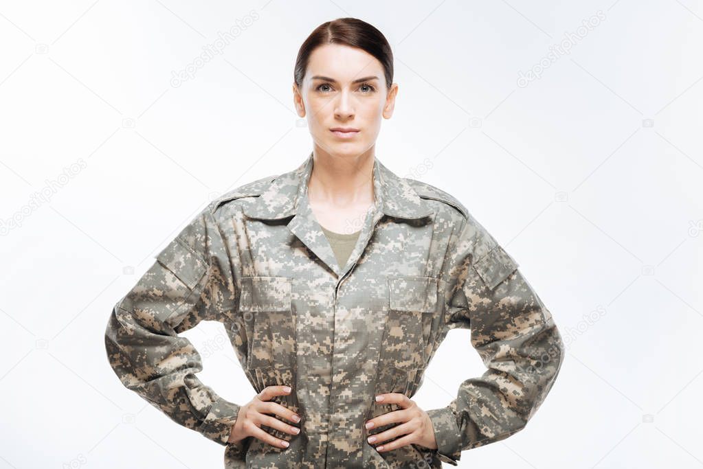 Brunette cheerful woman  defending country