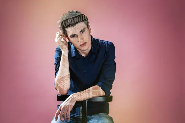 Serious Smart Man Sitting Chair While Being Able Focus His — Stock Photo, Image