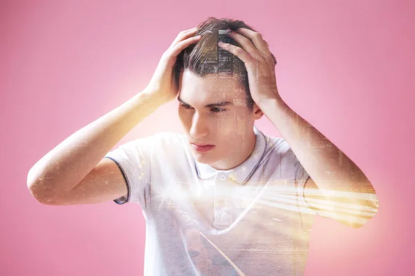 Overwhelmed Thoughts Pleasant Young Man Holding His Head — Stock Photo, Image