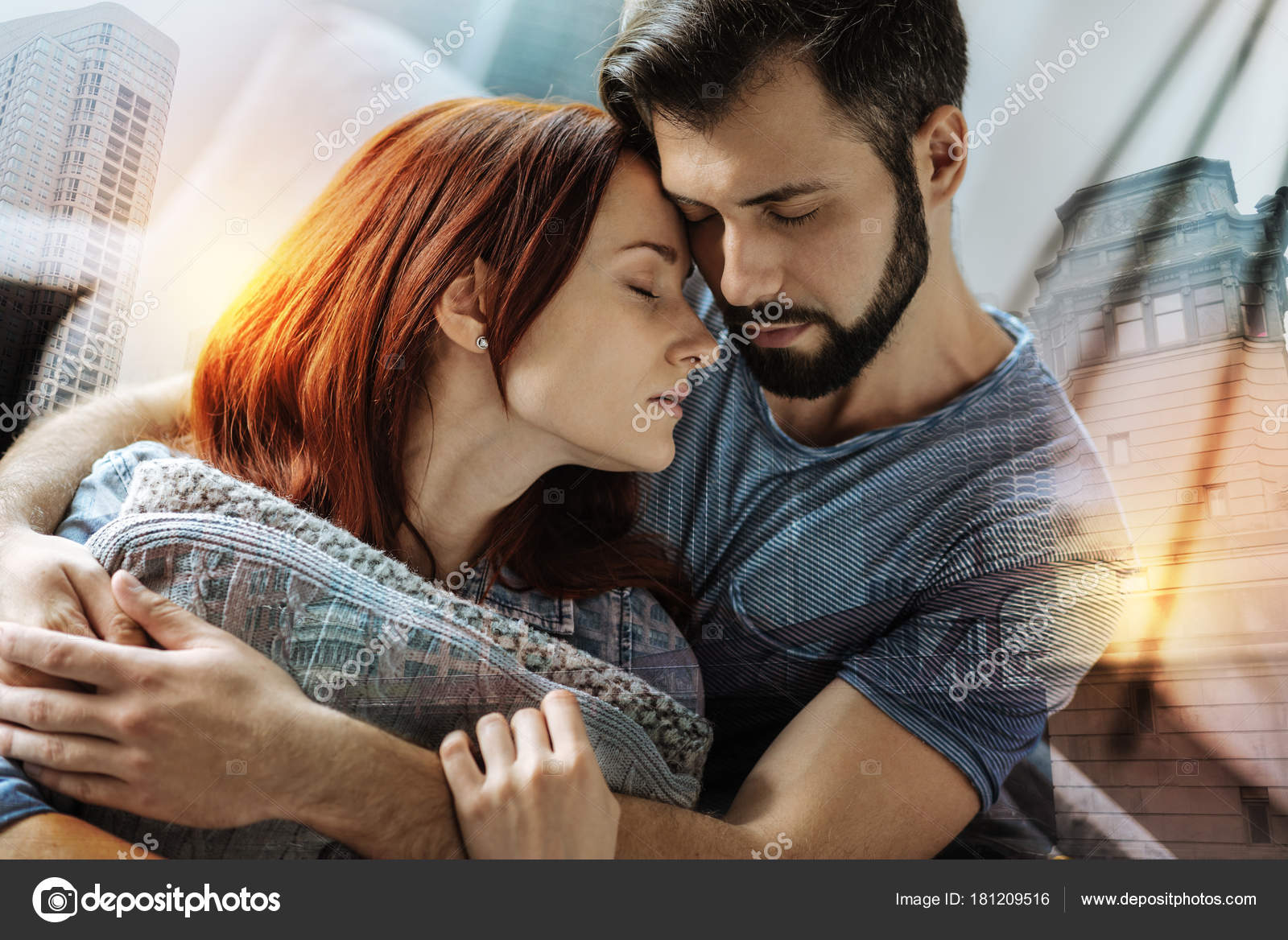 Young loving couple closing eyes while snuggling Stock Photo by ...
