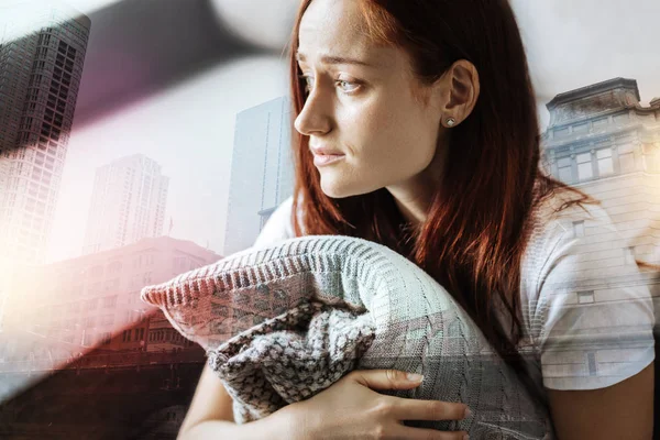 Stressful redhead woman looking aside and thinking. — Stock Photo, Image