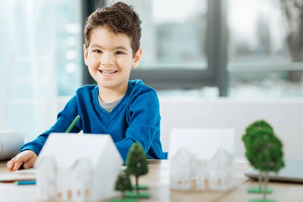 Upbeat boy drawing a picture and smiling — Stock Photo, Image