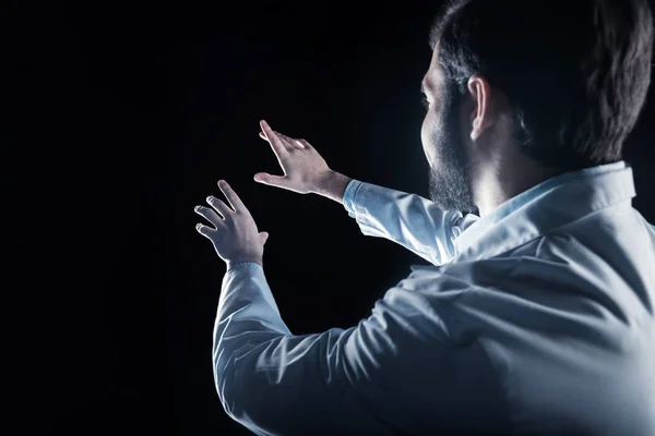 Positive bearded scientist being at work — Stock Photo, Image