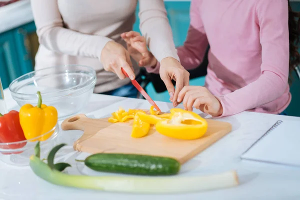 Caring mother teaching her daughter how to chop — Stock Photo, Image