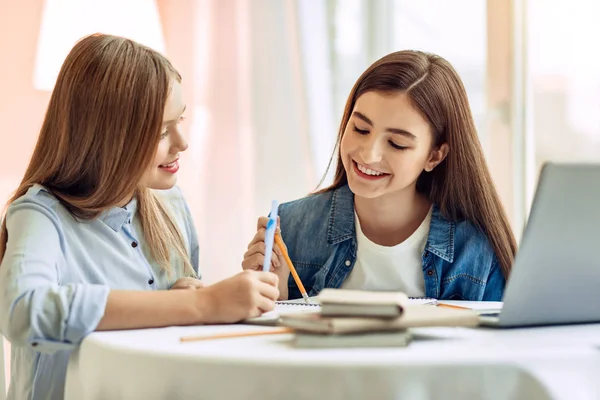 Приємна дівчина допомагає сестрі з домашнім завданням — стокове фото