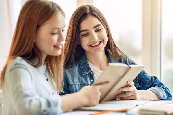 Angenehme Schwestern beim gemeinsamen Lesen eines Buches — Stockfoto