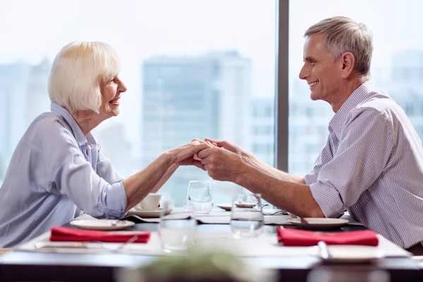 Fröhliches reifes Paar ergreift ihre Hände — Stockfoto