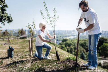 Positive joyful volunteers planting trees clipart