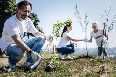 Ağaca bakacak neşeli yakışıklı adam
