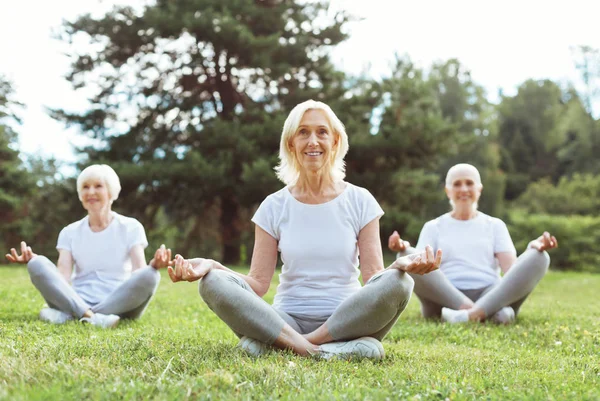 Delighted aged woman sitting on the grass — Stock Photo, Image