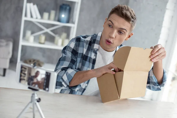 Excited blogger making a new video for his blog — Stock Photo, Image