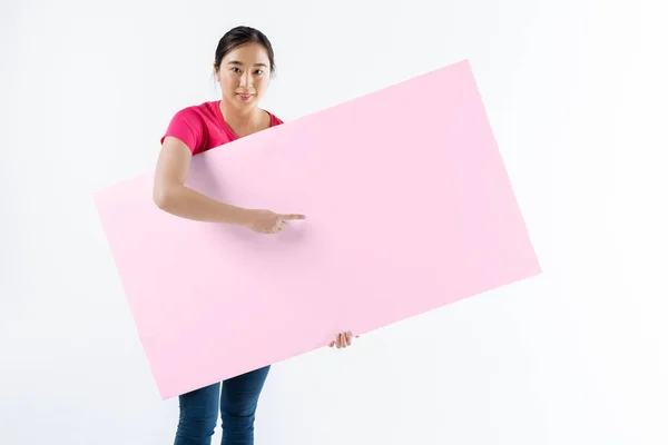 Delighted nice woman showing the poster — Stock Photo, Image