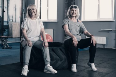 İki güzel üst düzey kadın bir lastik spor salonunda oturup...