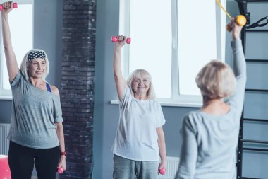 Eller dumbbells ile spor salonunda germe mutlu yaşlı bayanlar