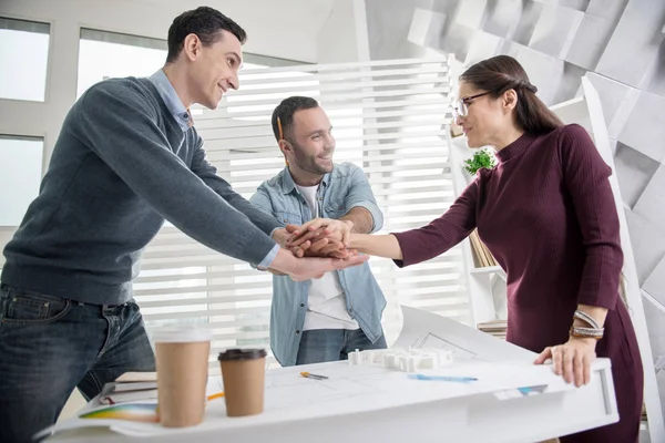 Delighted colleagues holding hands over the table — Stock Photo, Image