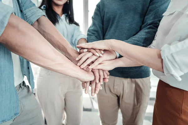 Colleghi socievoli affidabili si riuniscono mano nella mano e comunicano . — Foto Stock