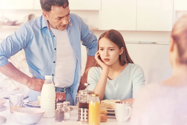 Frustrated little female being deep in thoughts — Stock Photo, Image