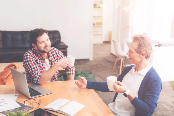 Positive Kollegen, die lebhafte Gespräche bei der Arbeit führen — Stockfoto