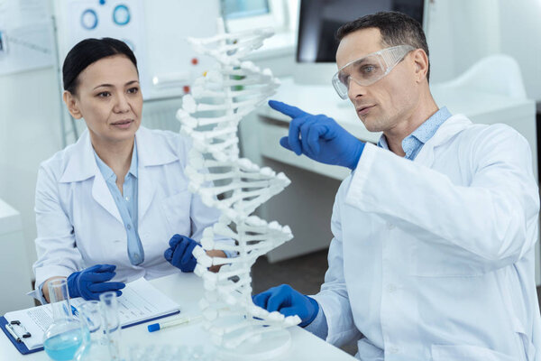 Professioanl researchers analysing a dna model