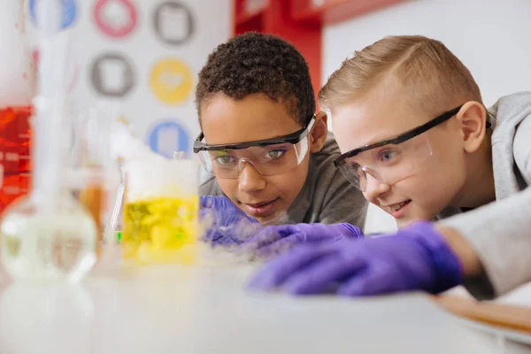 Glada skolpojkar lutar nära och titta på kemisk reaktion — Stockfoto
