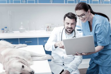 Dizüstü bilgisayar ekranında işaret iyi memnun adam