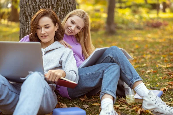 Fröhliche junge Weibchen bereiten sich auf Prüfungsarbeit vor — Stockfoto