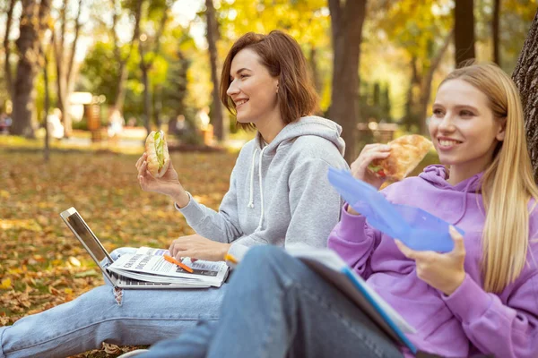 Pihentető fiatal nőstények eszik a szendvicsüket a parkban — Stock Fotó