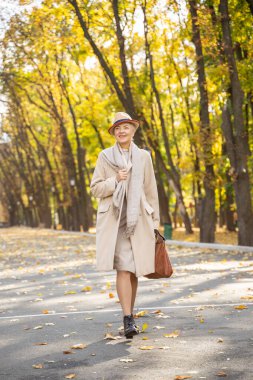 Gülümseyen iş kadını şık bir çanta taşıyor.