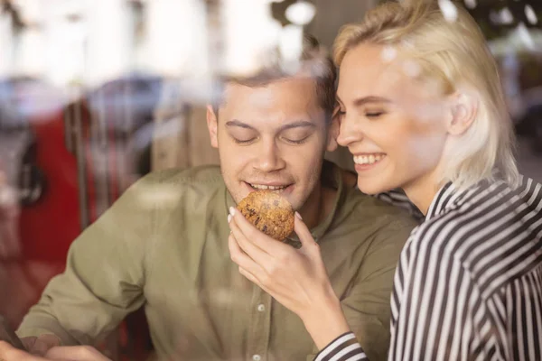 Loving couple having fun in the coffee shop — 스톡 사진