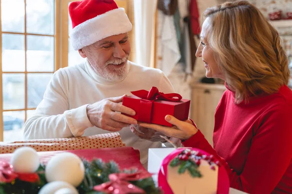 Positive delighted senior people celebrating Christmas at home — Stock Photo, Image