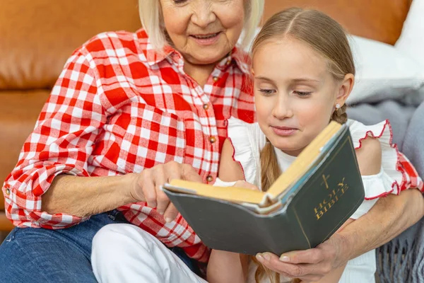 Vážná mladá dáma studující Bibli svatou — Stock fotografie