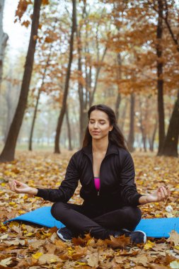 Rahat esmer kadın parkta yoga yapıyor.