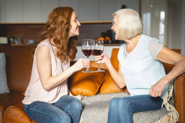 Two relaxed females touching glasses with wine
